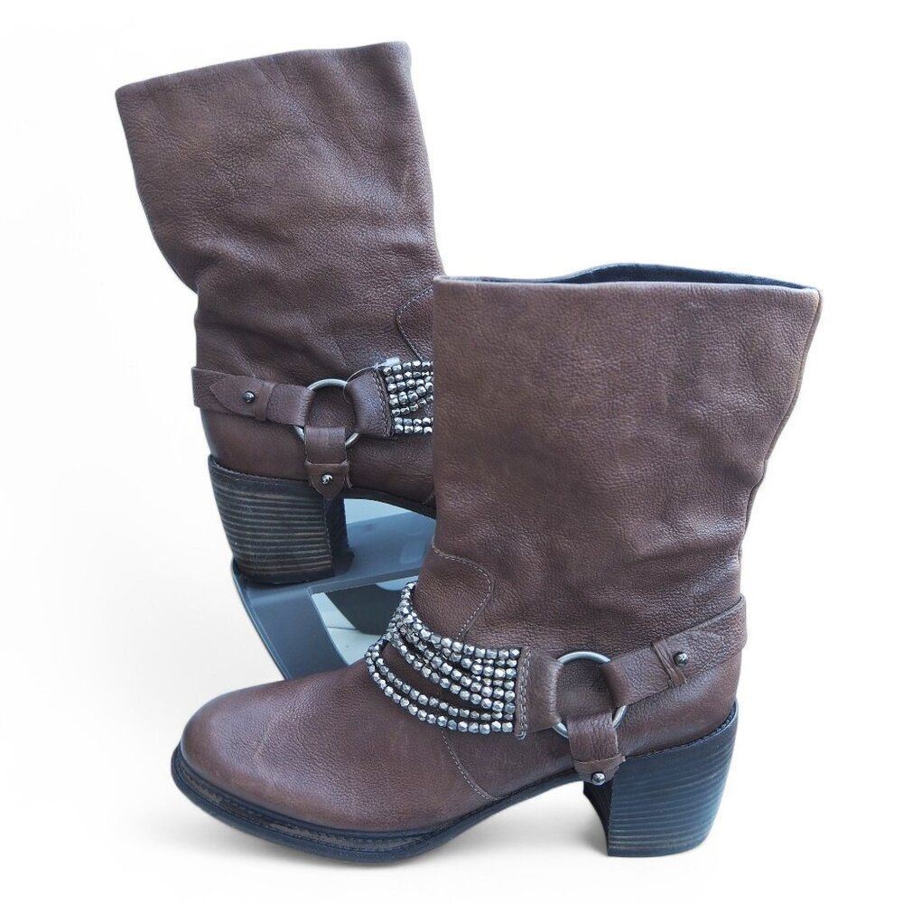 Vera Wang Leather Rhinestone Harness Moto Style Heeled Boots‎ Brown Women's  10M